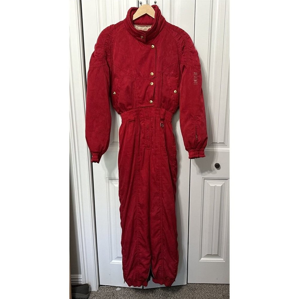 DESCENTE Ladies Ski Suit Size 10 Red Vintage Zipper Snap Front